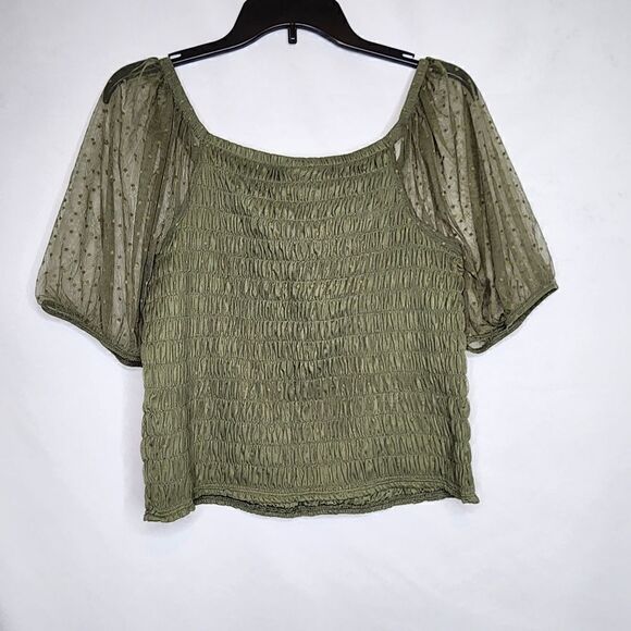4X 26W Torrid Green Dot Mesh Square Neck Crop Top Smocked Puff Sleeve Garden fai - Picture 2 of 7